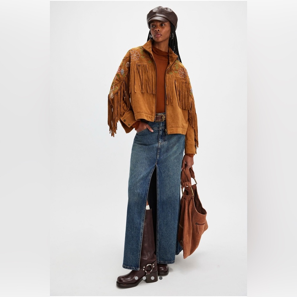 Free People Willa Western Bomber Brown Leather Jacket Fringe Embroidery L XL - Picture 4 of 11